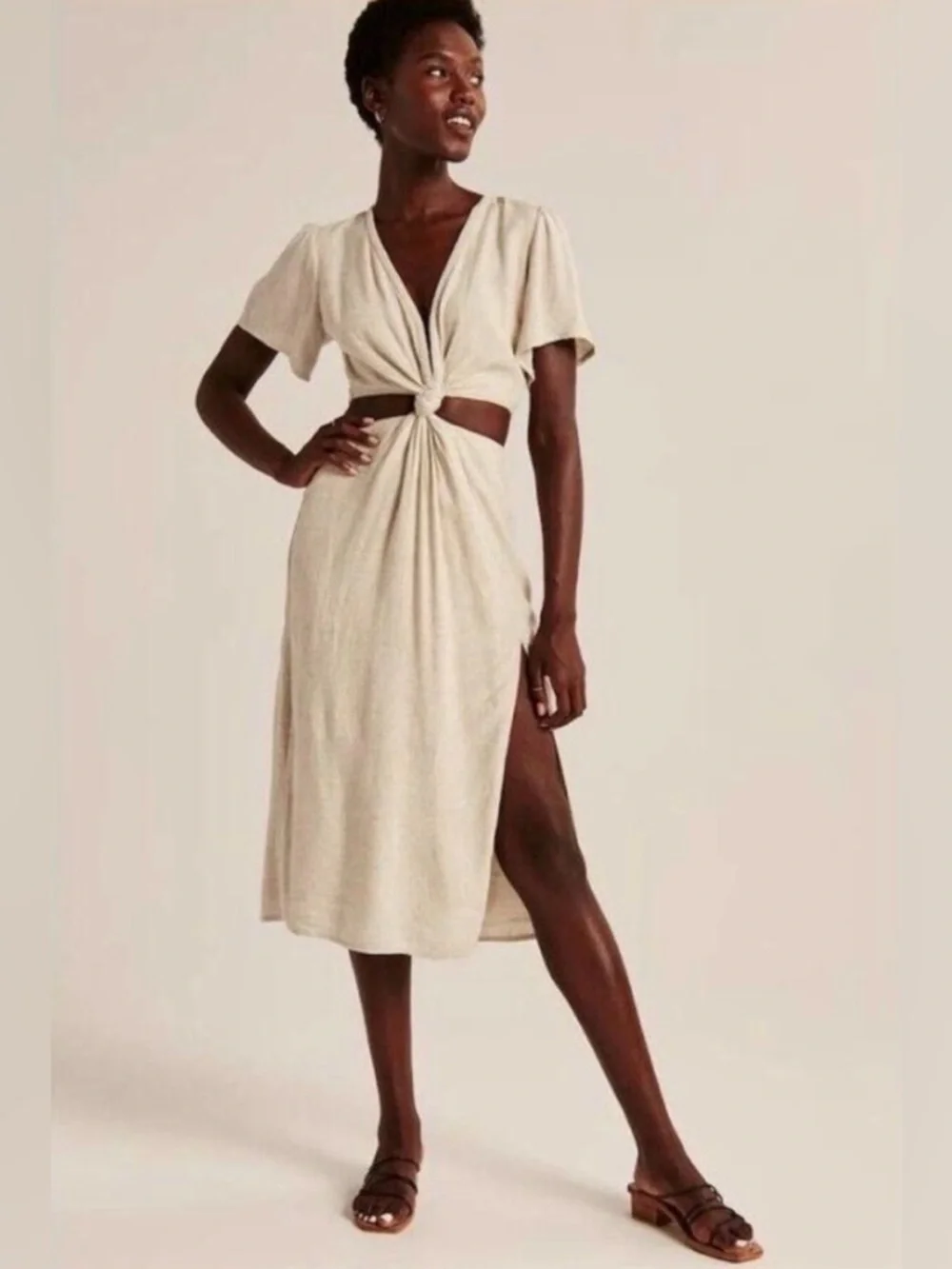 Abercrombie & Fitch | Dresses | Abercrombie Fitch Knot Front Cutout Midi  Dress In Light Beige Xs Petite | Poshmark